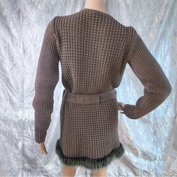 Anselmi Brown Button-Up Belted Women Sweater Medium Faux Fur Hem - Picture 4 of 16